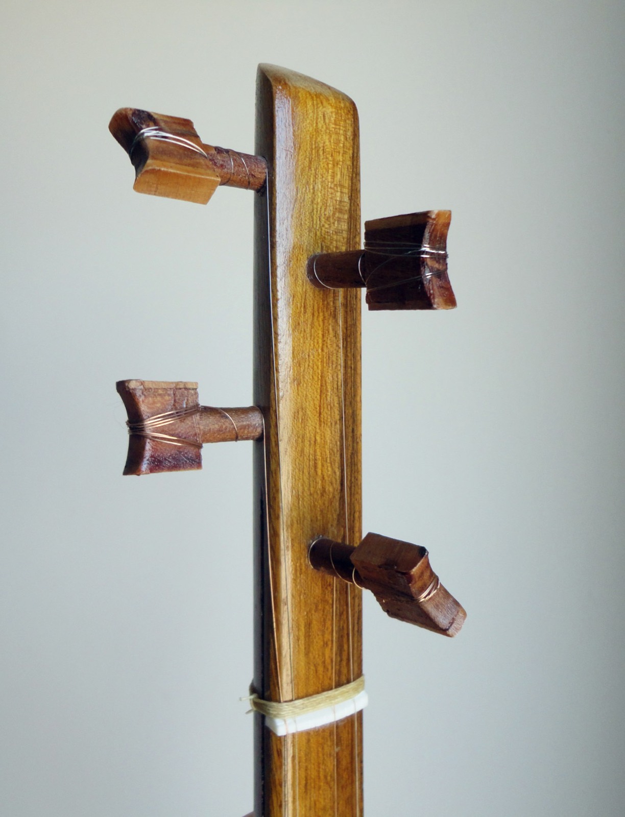 The wooden neck and tuning pegs of a tanpura against a pale wall — photograph by Reza Modiri on Unsplash